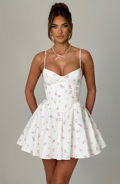Analise Mini Dress in White Multi Floral Print
