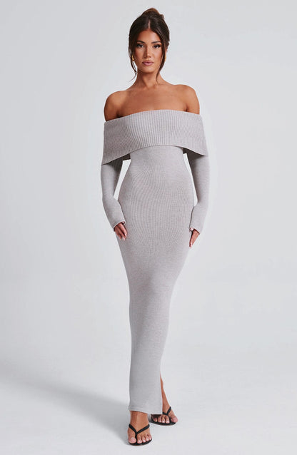Beverly Knit Maxi Dress in Light Grey Marl