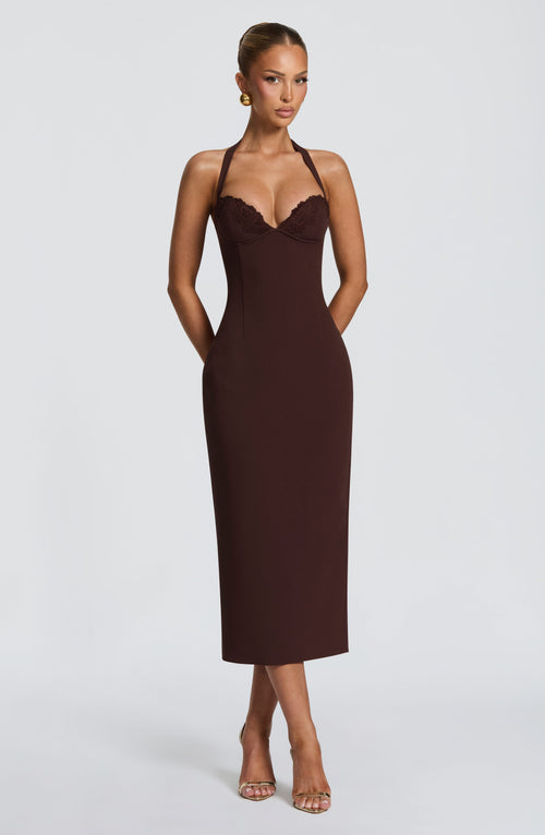 Cassiana Midi Dress in Plum Brown