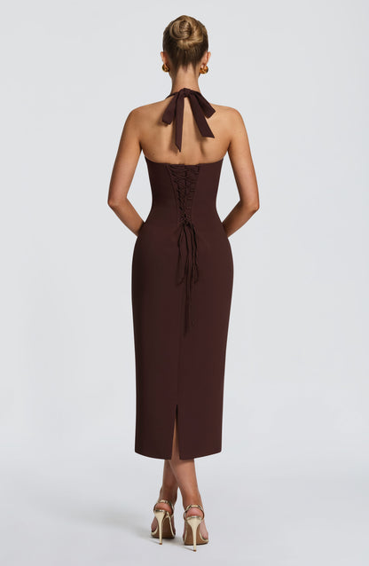 Cassiana Midi Dress in Plum Brown