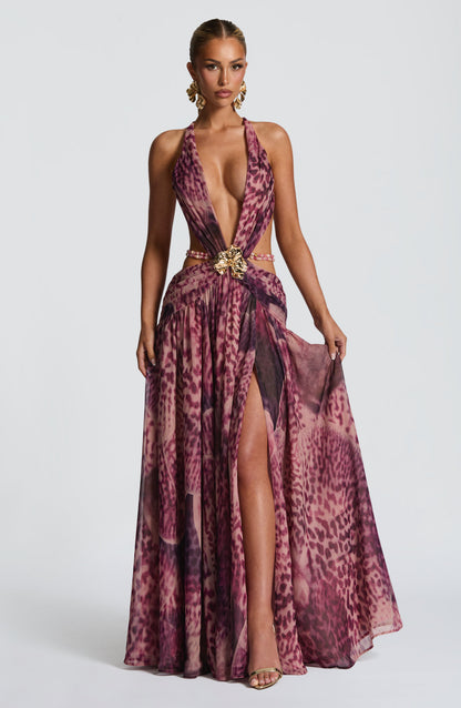 Indianne Maxi Dress in Magenta Orchid Print