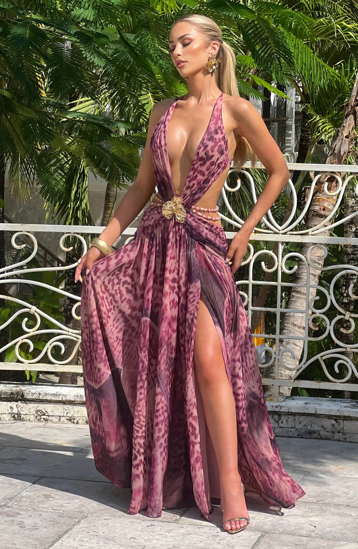 Indianne Maxi Dress in Magenta Orchid Print